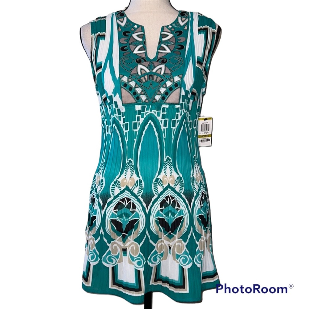 Alfani Petite 14 petite womens sleeveless geo jade color stretchy pleated sheer